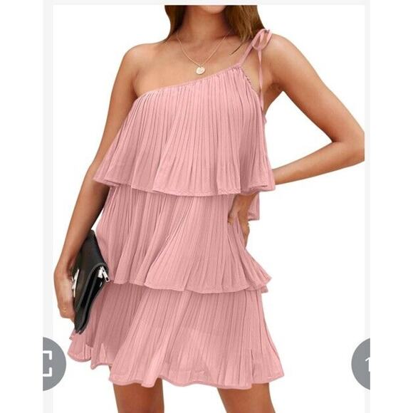 Women's One Shoulder Tie Strap Lightweight Layered Short Dress Pink NWT Size XL - Picture 1 of 4